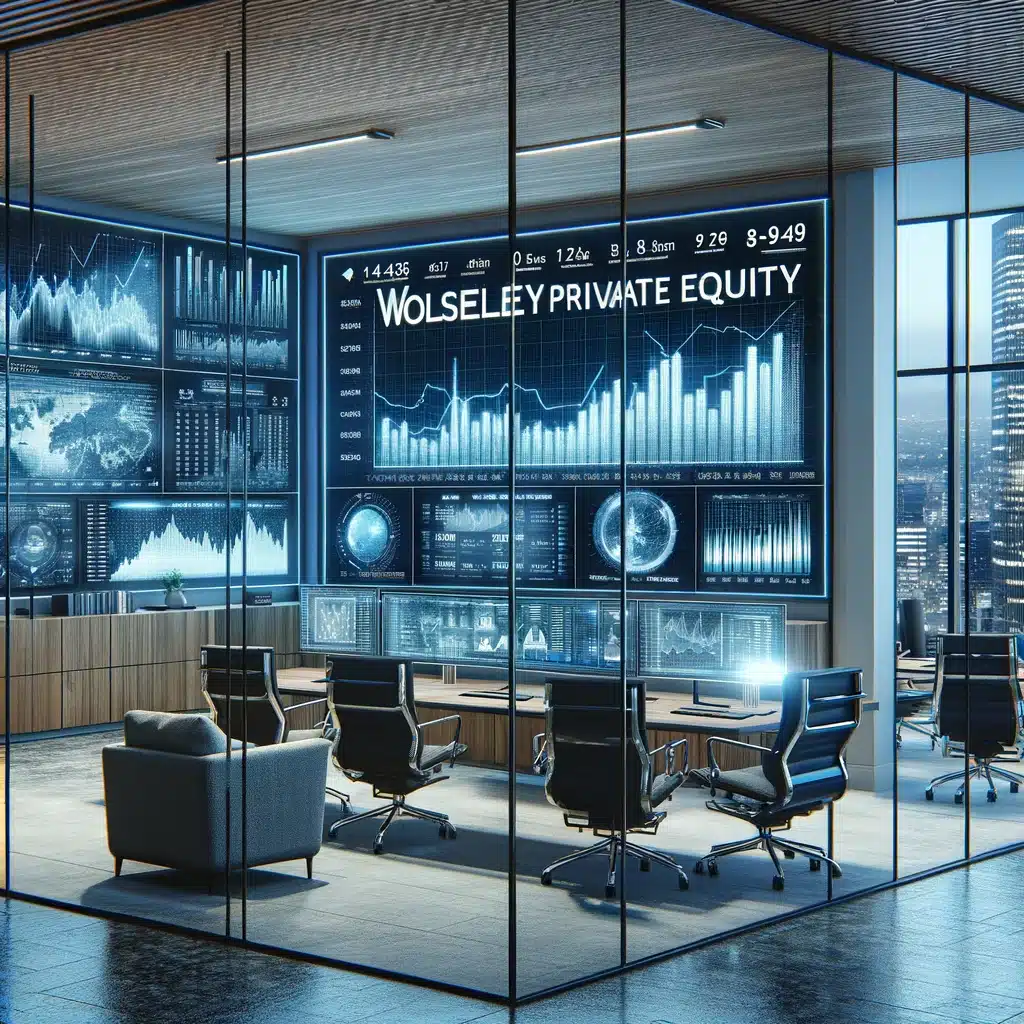 The image depicts a sleek, modern office environment with digital screens, representing Wolseley Private Equity.