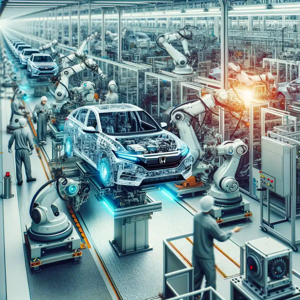 The image features a Honda car assembly line, emphasizing modern machinery and assembly processes.
