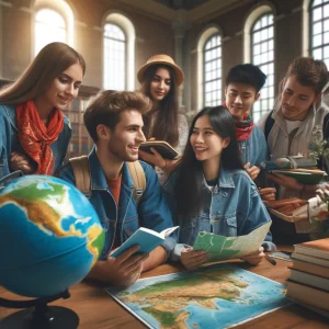 A diverse group of students with different ethnicities, holding maps and travel guides, discussing enthusiastically in a university setting with a globe and books in the background. The scene conveys a sense of adventure and learning, suitable for an article about insurance for students studying abroad.