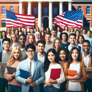 A diverse group of international students with various ethnicities at a U.S. university campus, featuring visible American flags or university signs, symbolizing integration into the U.S. educational system. The image conveys a sense of community and academic pursuit, suitable for an article about insurance for international students in the USA.