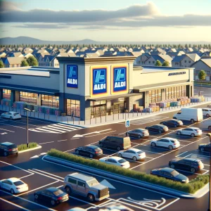 The image shows a typical Aldi supermarket exterior in a suburban area of the US.